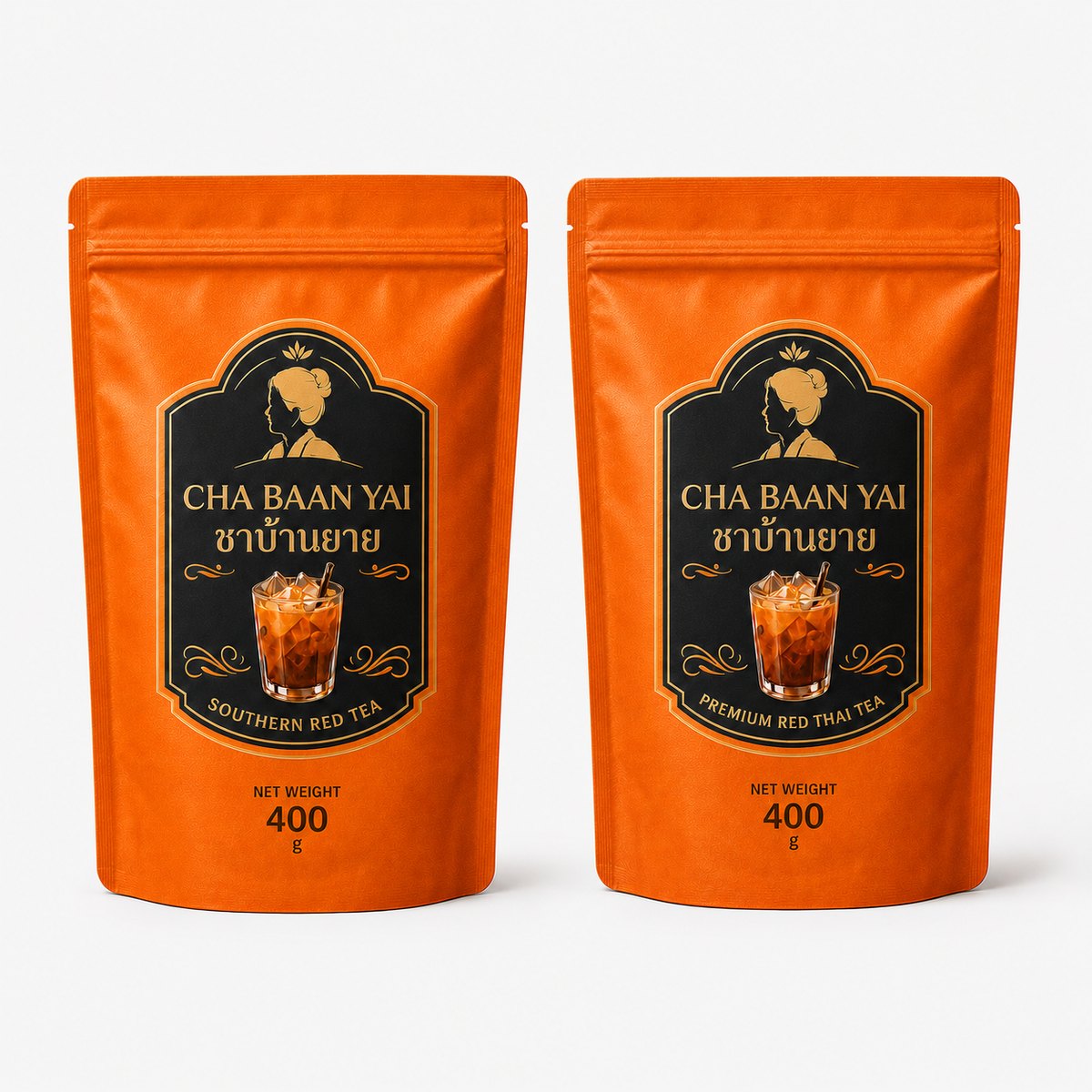 Les deux pouches Cha Baan Yai, Premium Red Thai Tea et Southern Red Tea