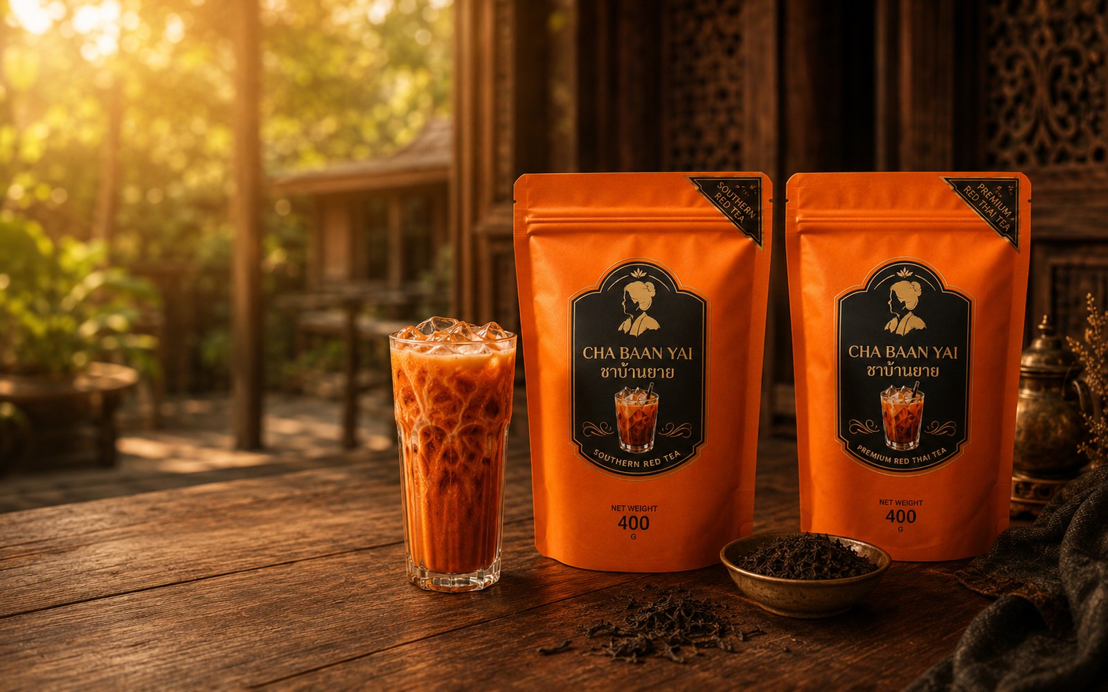 Pouch Cha Baan Yai 400g et verre de Thé Thaï glacé sur table de bois avec maison thaï en arrière-plan