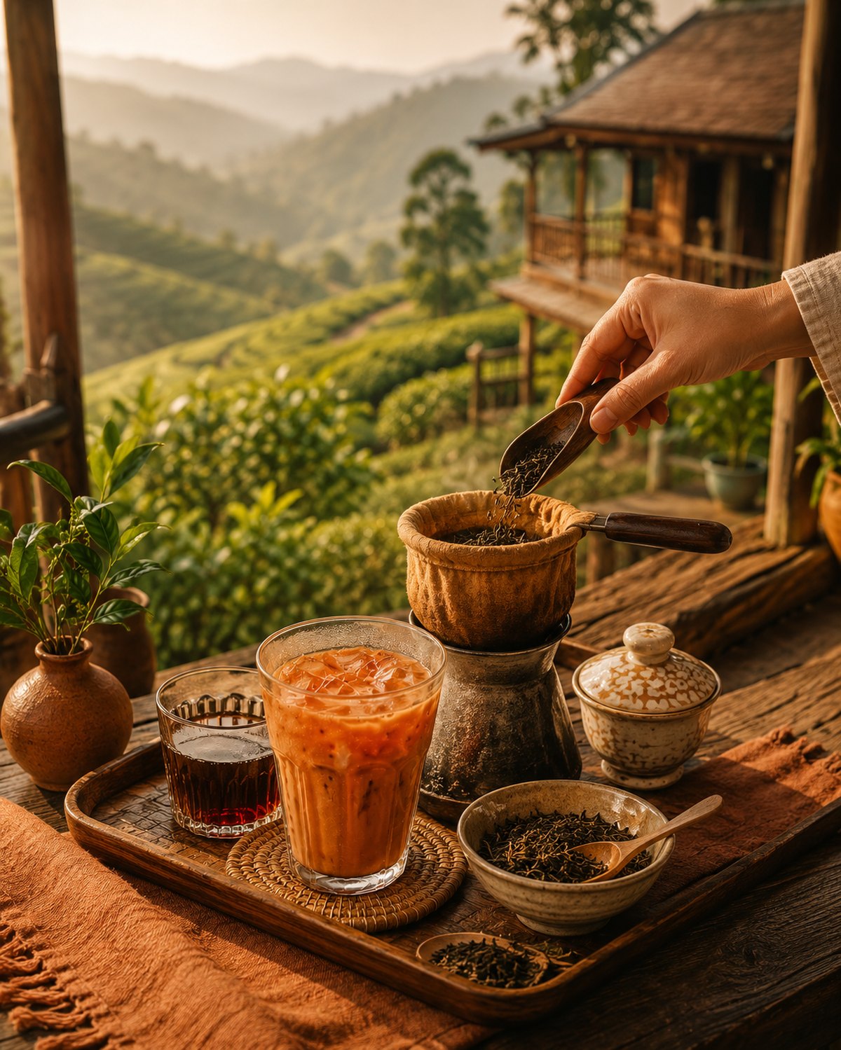 Préparation du thé thaï dans une plantation en montagne avec maison thaï traditionnelle