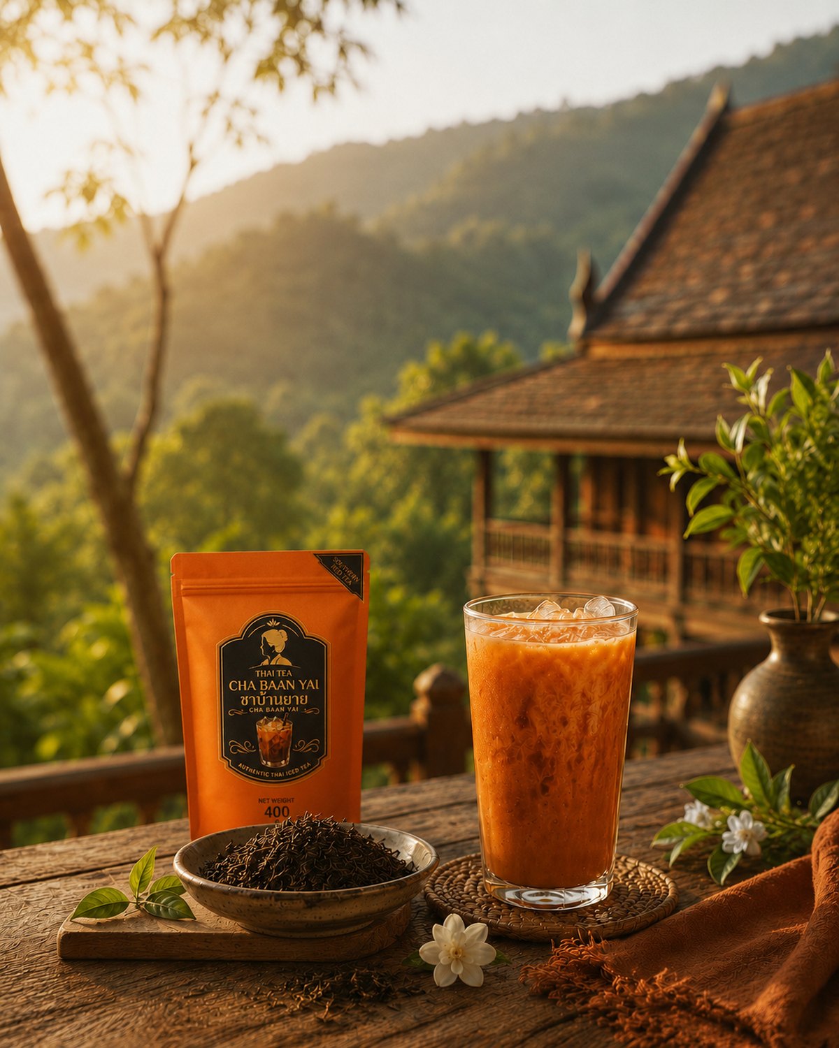 Verre de cha yen, pouch Cha Baan Yai et ingrédients sur une terrasse en bois face aux montagnes thaïlandaises